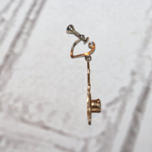 Vintage gold and CZ dangle screw-on dangle earrings 1 5/8" - Picture 2 of 5